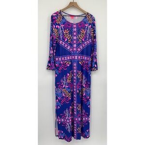 Lilly Pulitzer Dress Women XL Blue Floral Maxi Bell Sleeve Boho Stretch Colorful